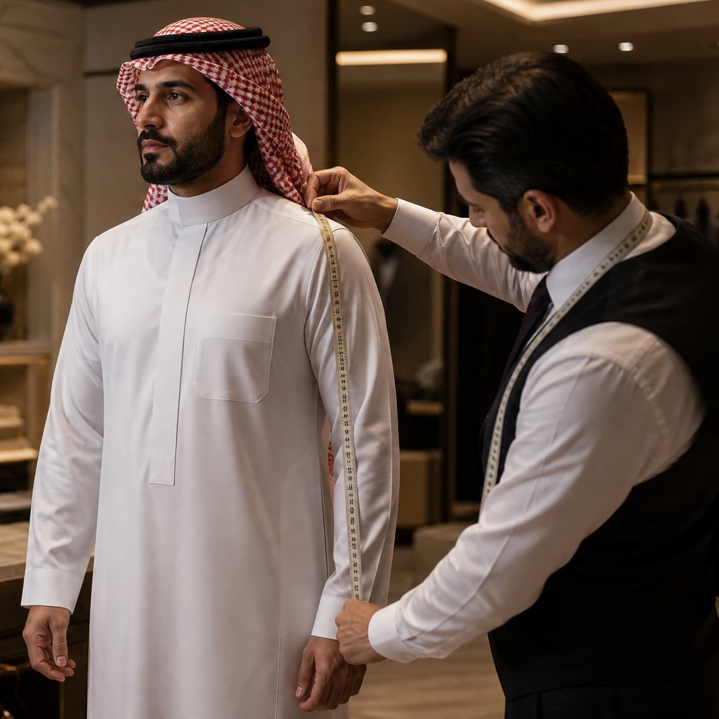خيّاط يأخذ قياسات عميل يلبس ثوبًا أبيض داخل المحل